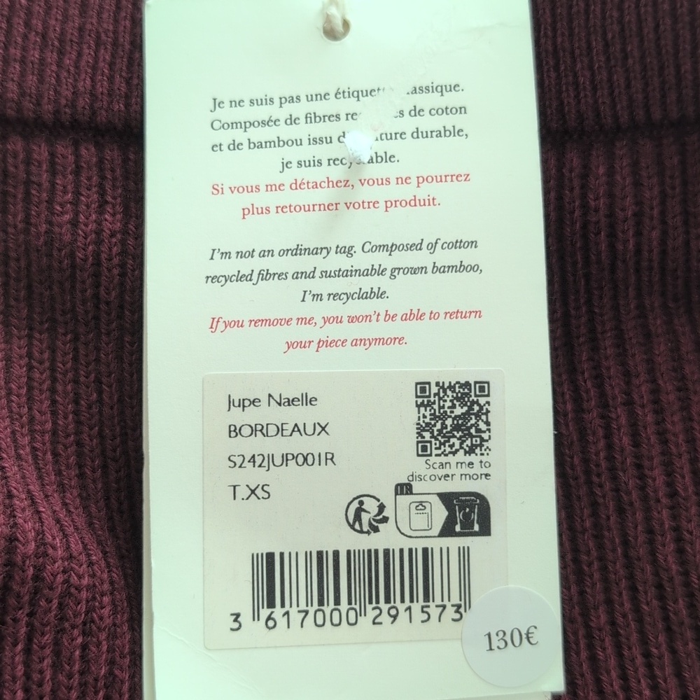 Sezane Naelle Skirt, Merino Wool, Burgundy, Size XS, NWT - Picture 8 of 9